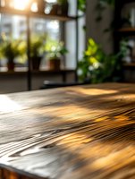 Sunlight streaming through window creates dramatic shadows on wooden table surface, with blurred houseplants and warm interior background setting cozy atmosphere.