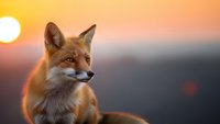 Red fox portrait at golden hour sunset with warm orange lighting and blurred mountain landscape background for wildlife photography and nature content.