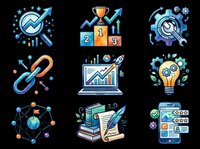 Colorful SEO and digital marketing icon set isolated on transparent background, ready for clipart, stickers, t-shirt design, print on demand, and sublimation projects.