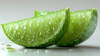 Fresh cut aloe vera plant segments showing translucent green flesh with natural gel texture, close up on white background for cosmetic and wellness concepts.
