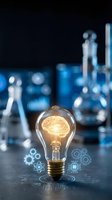 Glowing light bulb with brain filament and digital technology icons on laboratory table with blurred scientific equipment background for innovation concepts.