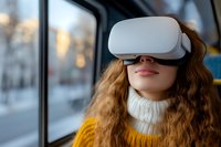 Young woman with long wavy hair wearing yellow sweater and virtual reality headset while traveling on public transport, exploring VR technology on the go.