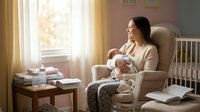Young Asian mother breastfeeding newborn baby in cozy nursery chair by window with warm natural light creating peaceful bonding moment at home.