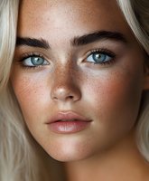 Close-up portrait of young woman with natural freckles, platinum blonde hair and striking blue eyes showing fresh glowing skin and minimal makeup look.