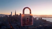 Glowing digital padlock hologram over city skyline at sunset, symbolizing cybersecurity and data protection in urban environment. Modern technology concept.