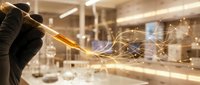 Scientist hand holding test tube with glowing golden liquid and flowing light trails in modern laboratory for research and development experiments.