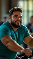 Happy young Hispanic man with beard smiling warmly in teal shirt, casual portrait with natural lighting for lifestyle and wellness content.