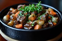 Hearty beef stew with tender meat chunks, pearl onions, carrots and fresh herbs in cast iron pot, rich brown gravy sauce garnished with parsley.