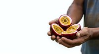 Hands holding fresh passion fruit halves with visible seeds and pulp against white background for food and agriculture content.