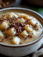 Creamy potato soup garnished with crispy bacon bits, fresh herbs and black pepper in rustic ceramic bowl, macro food photography with selective focus.
