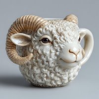 Ceramic ram head mug with curly wool texture and spiral horns on gray background for kitchen decor and novelty drinkware collection.