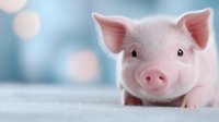 Adorable pink piglet with curious expression lying on soft white surface against blurred bokeh background, close-up portrait showing bright eyes and perky ears.