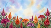 Vibrant watercolor celosia flowers in red, orange, purple, and yellow bloom against a soft pastel sky background.