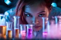 Young Asian female scientist examining colorful liquid samples in test tubes with intense gaze, dramatic neon lighting creates mysterious laboratory atmosphere.