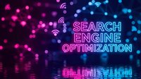 Neon search engine optimization text with wifi symbols and bokeh lights on dark digital background for web marketing and SEO concepts.