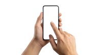 Hands holding smartphone with blank white screen for mockup design, finger touching display on isolated white background for app presentation.