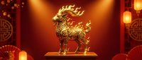 Golden ornate deer sculpture with flowing flames on ceremonial platform surrounded by warm lantern lighting for luxury decoration and festive celebrations.