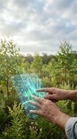 Farmer hands holding holographic digital technology display over green agricultural field with smart farming innovation and sustainable agriculture concepts.