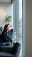 Young Asian businesswoman in navy blazer sitting thoughtfully by large office window, gazing outside in modern corporate workspace with blue chairs and plant.