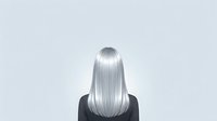 Rear view of woman with long straight silver hair wearing black jacket against neutral background, suitable for hair care, fashion, and salon marketing materials.