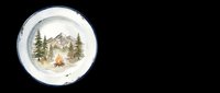Vintage enamel camping plate with mountain and campfire scene, isolated on transparent background. Great for stickers, sublimation, t-shirt design, and print on demand.