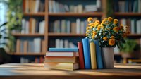 Stack of colorful books and orange marigold flowers in ceramic pot on wooden table against blurred bookshelf background, creating cozy reading atmosphere.
