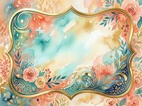 Ornate floral frame with watercolor roses, botanical elements, and decorative gold border on isolated background. Perfect for invitations, greeting cards, and design projects.