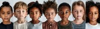 Diverse group of elementary school age children in a panoramic portrait lineup, perfect for education, diversity, and youth concepts in modern marketing and social campaigns.