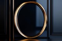 Elegant round golden frame on dark blue wall with dramatic lighting and shadow creating luxurious minimal composition for interior design.