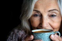 Senior woman with silver hair enjoying hot beverage from turquoise cup, close-up portrait showing genuine smile and contentment against dark background.