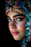 Close-up portrait of a young woman with striking blue eyes wearing ornate turquoise and gold traditional headdress against dark background, soft lighting highlights facial features.