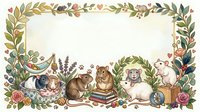 Adorable woodland animals reading books surrounded by floral border frame with roses and leaves on cream background for educational designs.