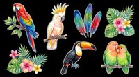 Tropical birds and foliage collection isolated on transparent background. Includes macaw, cockatoo, feathers, toucan, parakeets, and monstera leaves with flowers. Ready for t-shirt design, clipart, stickers, sublimation, and print-on-demand projects.