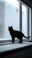 Black cat standing on windowsill gazing at snowy window, winter weather scene for pet, animal, and seasonal content use.
