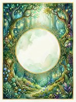 Enchanted forest frame with ornate circular border surrounded by mystical trees, glowing lights, and magical foliage for fantasy design projects.