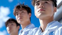 Young Asian men in white uniforms looking up with determination against blue sky background, expressing ambition, teamwork and future aspirations in sports or education.