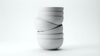 Stack of white ceramic bowls with black ribbon wrapped around them on neutral background for tableware and home decor concepts.