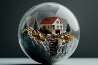 Miniature house on rocky mountain inside glass sphere, creating surreal landscape diorama with tiny pine trees against dark background.