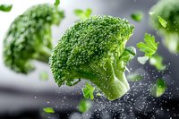 Fresh broccoli florets with water drops splashing and flying green leaves against dark background, dramatic food photography for healthy eating concept.
