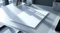 Blank white paper sheets on a modern office desk with soft natural light and shadows, mockup for branding, print, or stationery design.