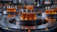 Whiskey glasses with golden liquid on rotating metallic platform with dramatic lighting and bokeh effects, luxury spirits photography for bar and restaurant promotion.