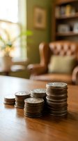 Stacks of coins arranged on wooden table in cozy living room with leather armchair and green walls representing savings growth and financial planning.
