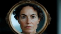 Woman with intense gaze reflected in vintage oval mirror against dark background, dramatic lighting creates mysterious atmospheric portrait with strong emotional depth.