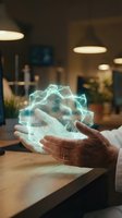 Hands holding glowing digital holographic network sphere in modern office environment representing connectivity and futuristic technology innovation.