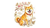 Cheerful Shiba Inu dog with curled tail sitting among blooming cherry blossoms and falling leaves on isolated white background, ready for design projects.