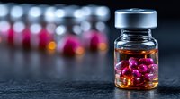 Small glass vial with pink rose petals in oil essence on dark background with blurred bokeh lights, aromatherapy and natural cosmetic concept for spa treatments.