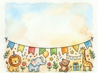 Watercolor nursery scene with hand-drawn bunting banner, lion, elephant, teddy bear, giraffe, balloons, flowers and gift box. Soft pastel background with space for text. Suitable for baby shower invitations, greeting cards and children's designs.