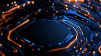 Glowing orange and blue circuit paths on dark background with hexagonal pattern and light effects create futuristic technology concept for digital design projects.