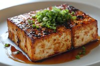 Grilled tofu block with caramelized glaze and fresh green onions on white plate. Asian cuisine vegetarian protein dish for healthy cooking recipes.