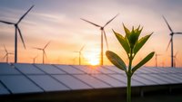 Green plant sprout growing with wind turbines and solar panels at sunset representing sustainable renewable energy and environmental growth concept.